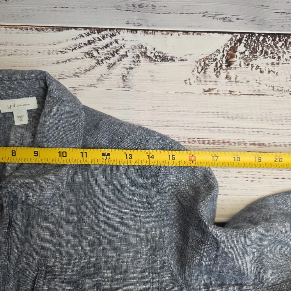 J Jill Love‎ Linen Womens XS Chambray Pocket Tie Linen Collared Button Coat Blue